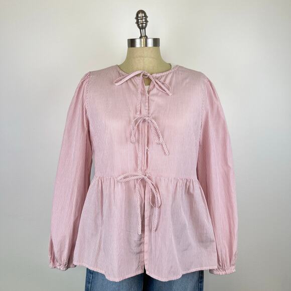 Striped Light Red Tie Bow Front Long Sleeve Blouse Top (Sz M) - Picture 11 of 11